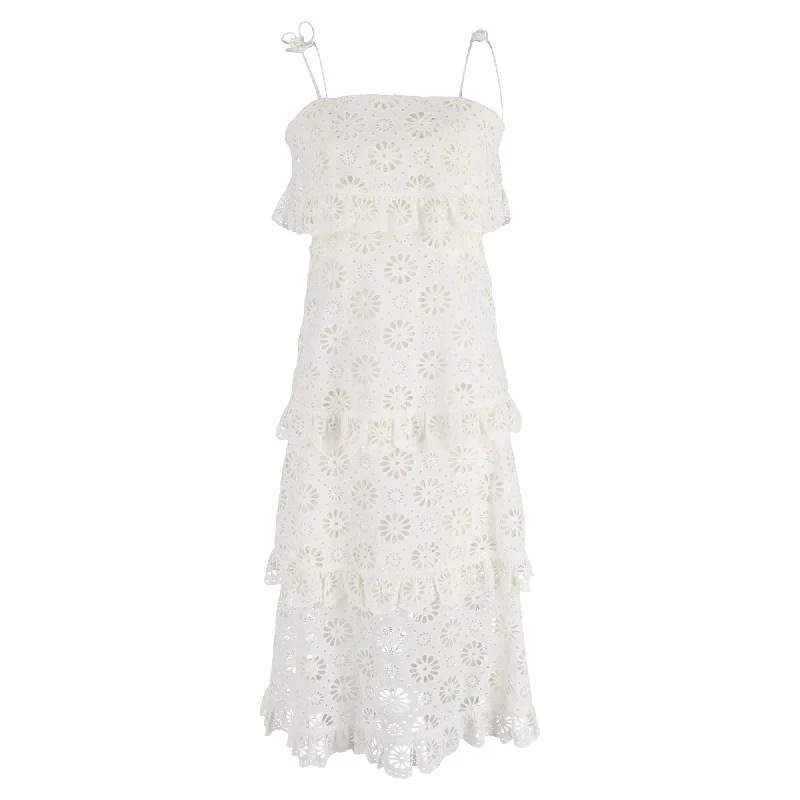 Zimmermann Lumino Daisy Midi Tier Dress in White Cotton