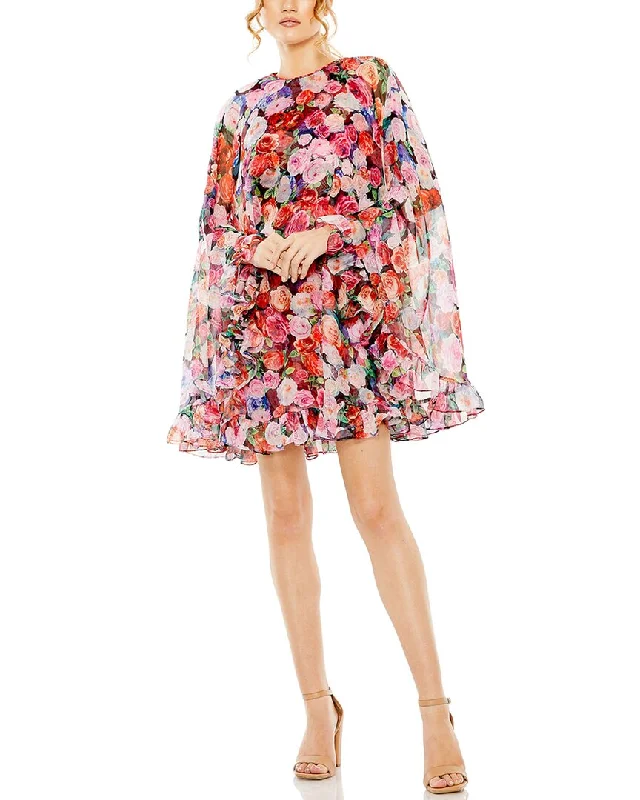 Mac Duggal Floral Print High-Neck Ruffle Hem Cape Mini Dress