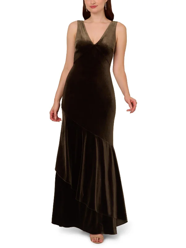 Womens Velvet Flounce Hem Evening Dress