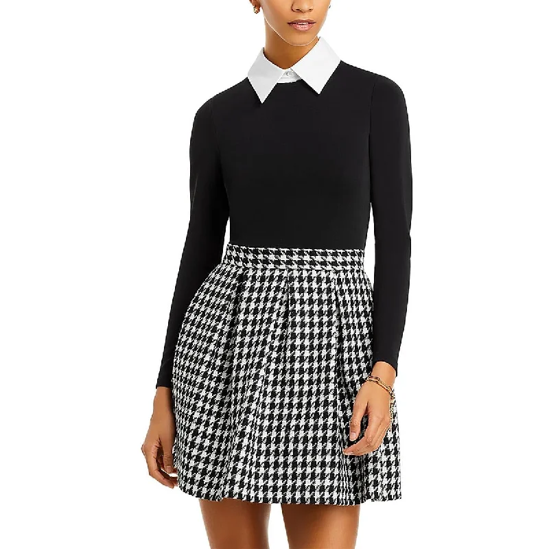 Chara Womens Houndstooth Pleated Mini Dress