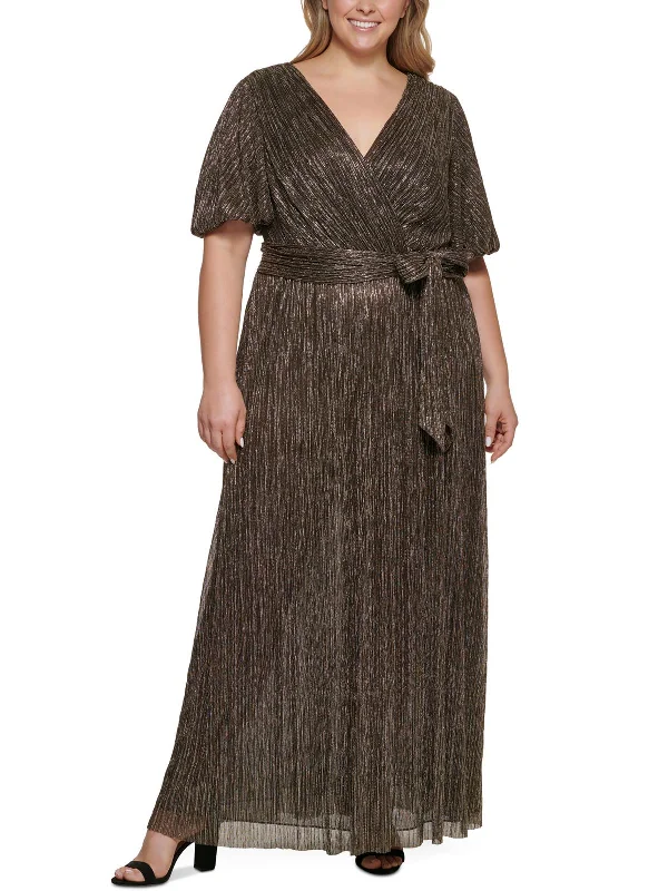 Plus Womens Metallic Faux-Wrap Evening Dress