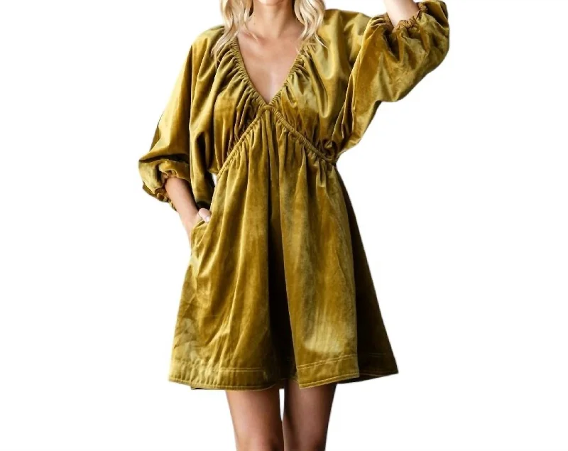 Velvet Puff Sleeve Deep V-Neck Short Dress In Moss