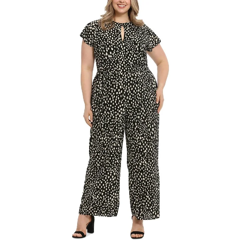 London Times Womens Plus Keyhole Neck Short Sleeve Jumpsuit