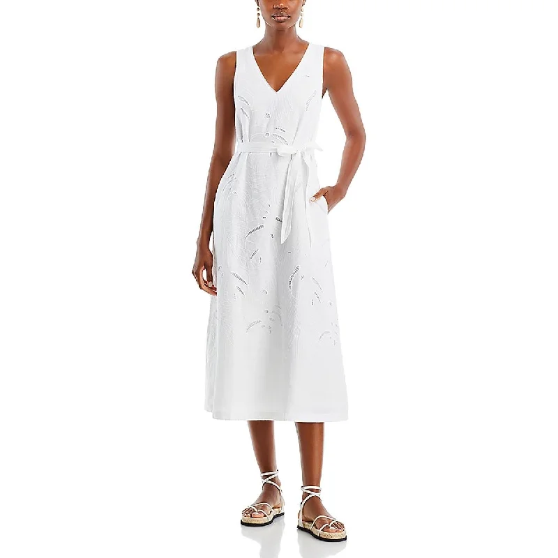 Womens Linen Embroidered Midi Dress