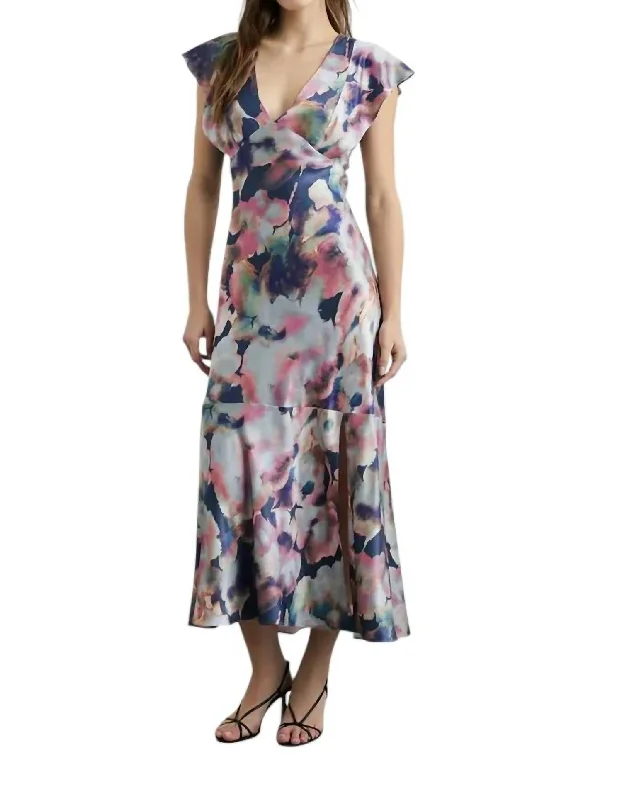 Feminine Floral Satin Dress In Midnight Verbena