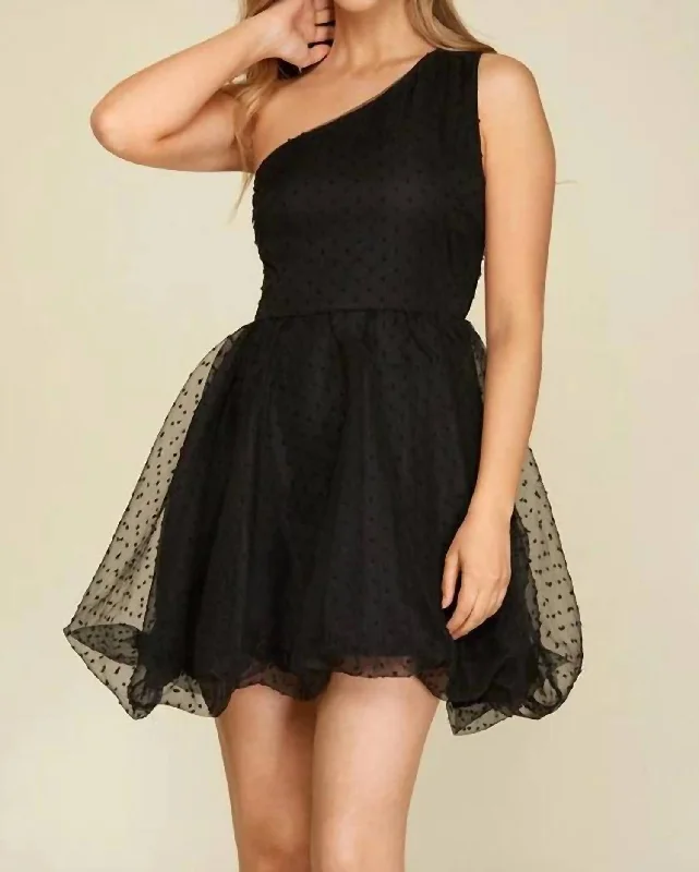 One Shoulder Polka Dot Organza Mini Dress In Black