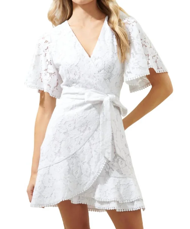 Le Lune Faux Wrap Lace Mini Dress In White