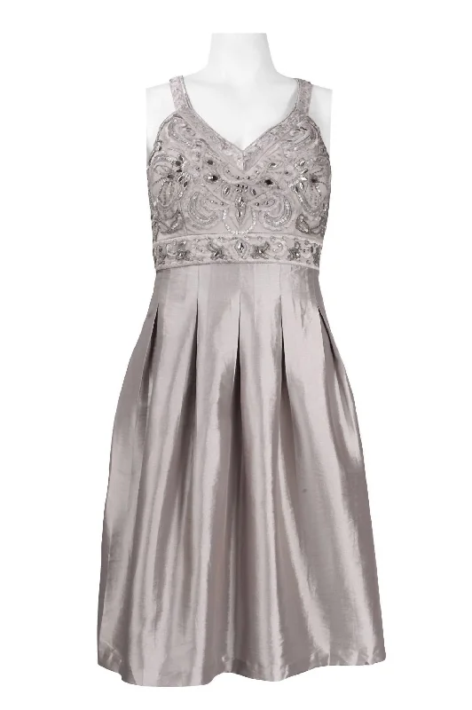 Beaded Pleated A-Line Short Evening Dress In Platinum