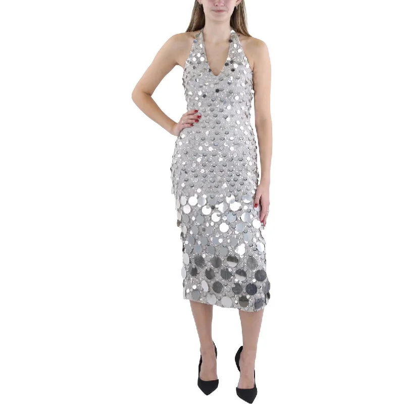 Womens Midi Embellished Halter Dress