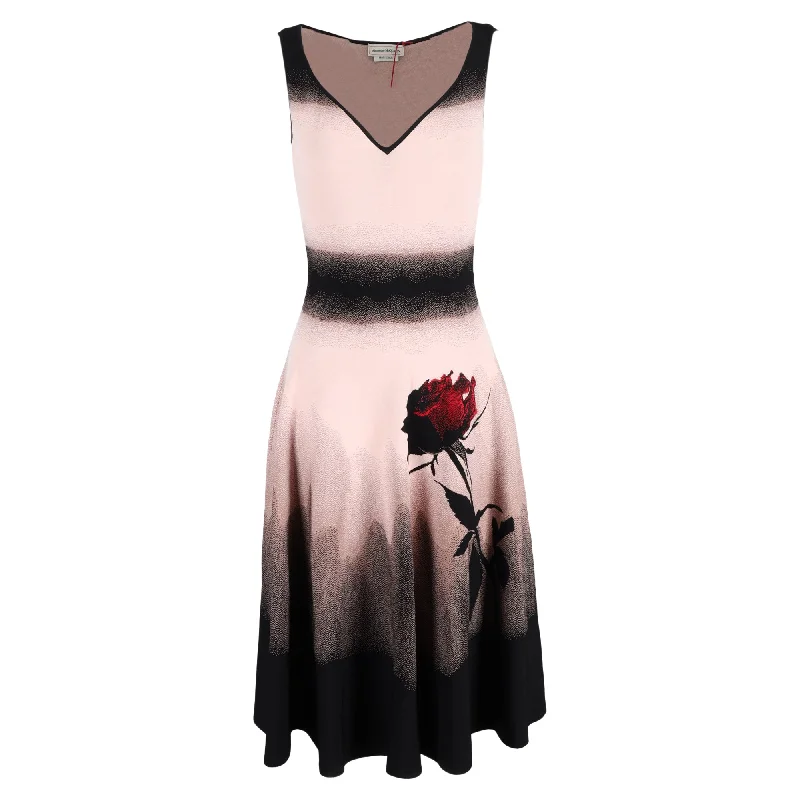 Alexander Mcqueen Rose Print Midi Sleeveless A-Line Dress in Multicolor Viscose