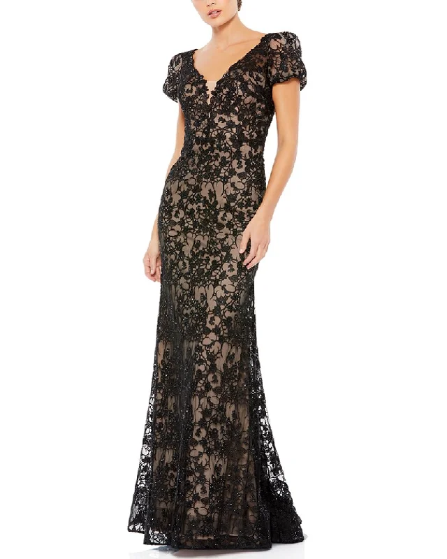 Mac Duggal Lace Plunge Neck Short Puff Sleeve Trumpet Gown