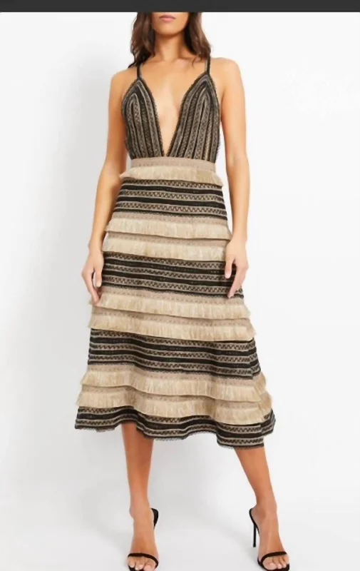 Fringe Midi Dress In Gold