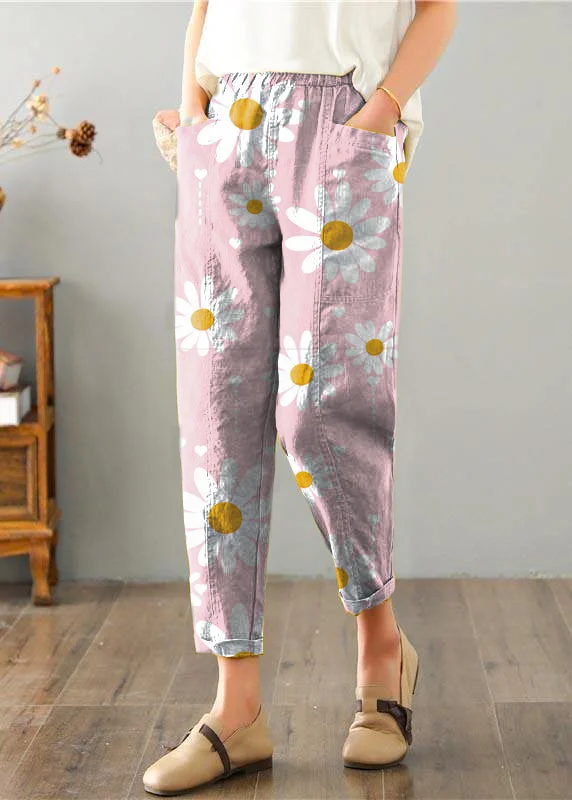 Natural pink flowers Pockets Cotton Linen  Pants Summer