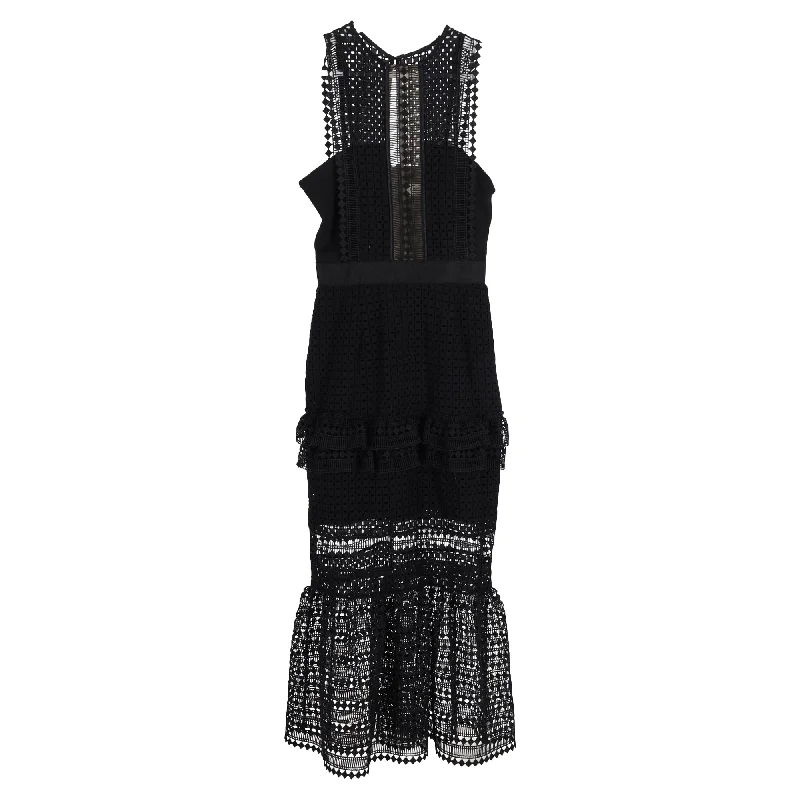 Self-Portrait Laser Cut Midi Frilled Column Dress in Black Polyester