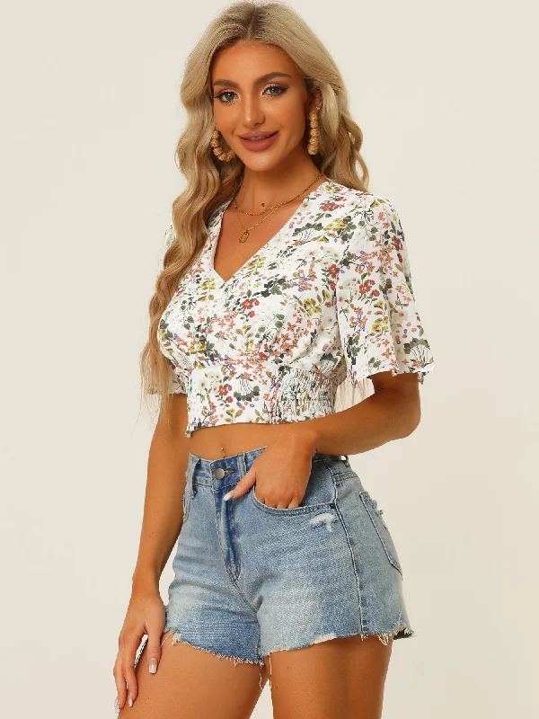 Floral Flare Short Sleeve V Neck Summer Smocked Crop Top