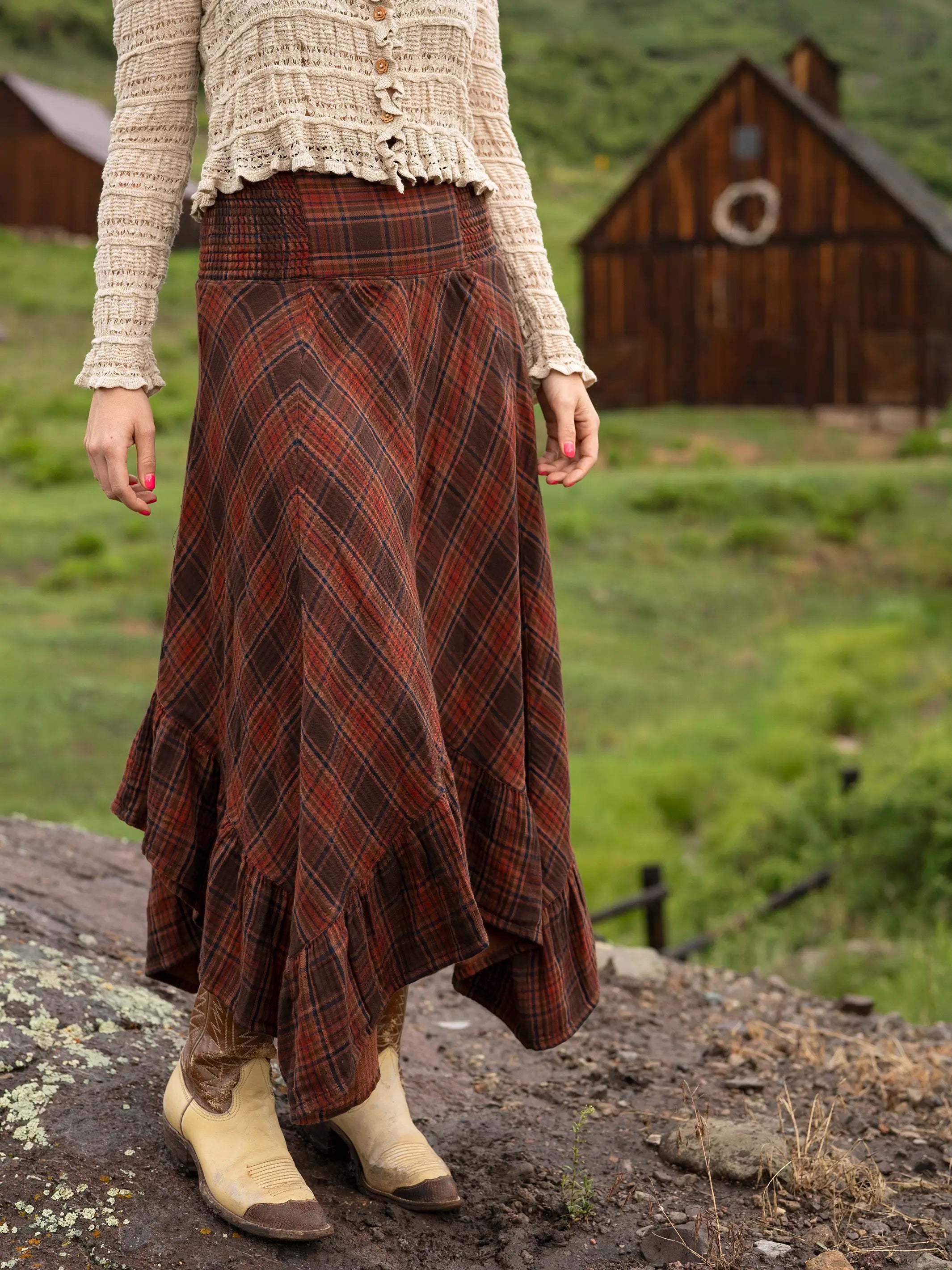 Feelin' Alive Convertible Cotton Midi Skirt - Brown Rust Plaid