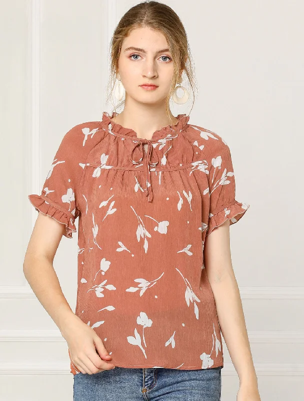 Floral Tie Neck Ruffle Short Sleeve Peasant Blouse Top