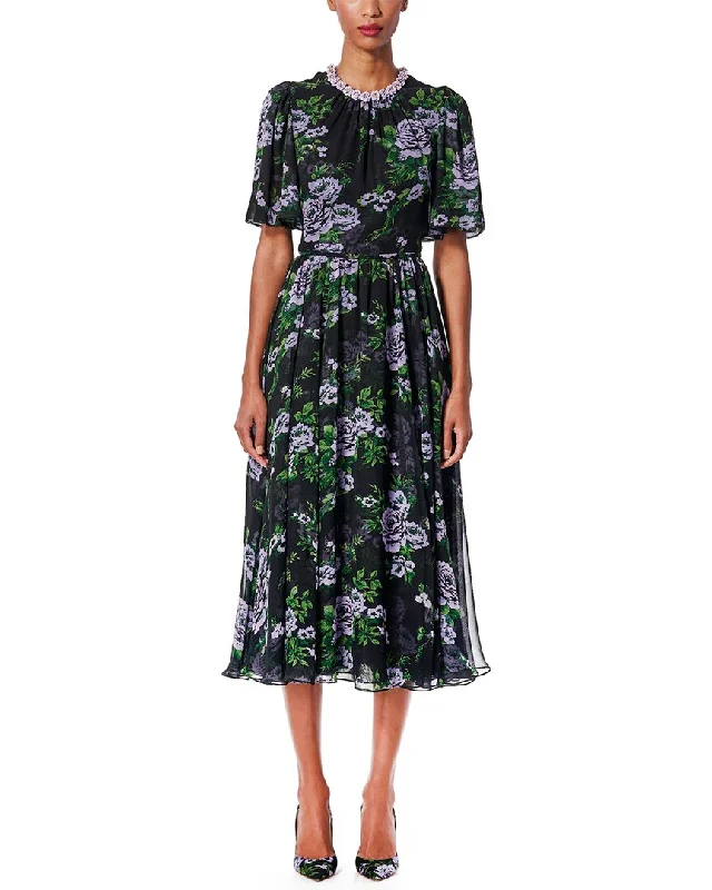 Carolina Herrera Gathered Crewneck Silk Midi Dress