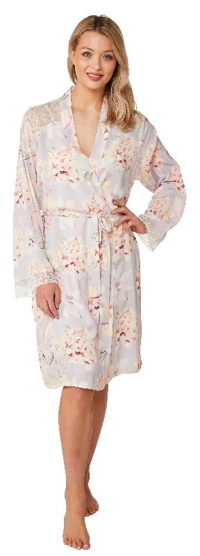 Satin & Lace Watercolour Pastel Floral Print Dressing Gown Robe