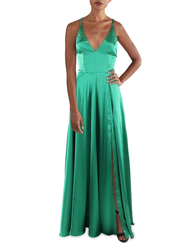 Womens Satin V-Neck Evening Dress