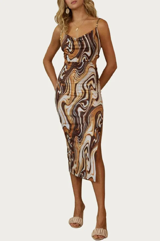 Marble-Print Cowl Stretch-Jersey Cutout Midi Dress In Rust/brown