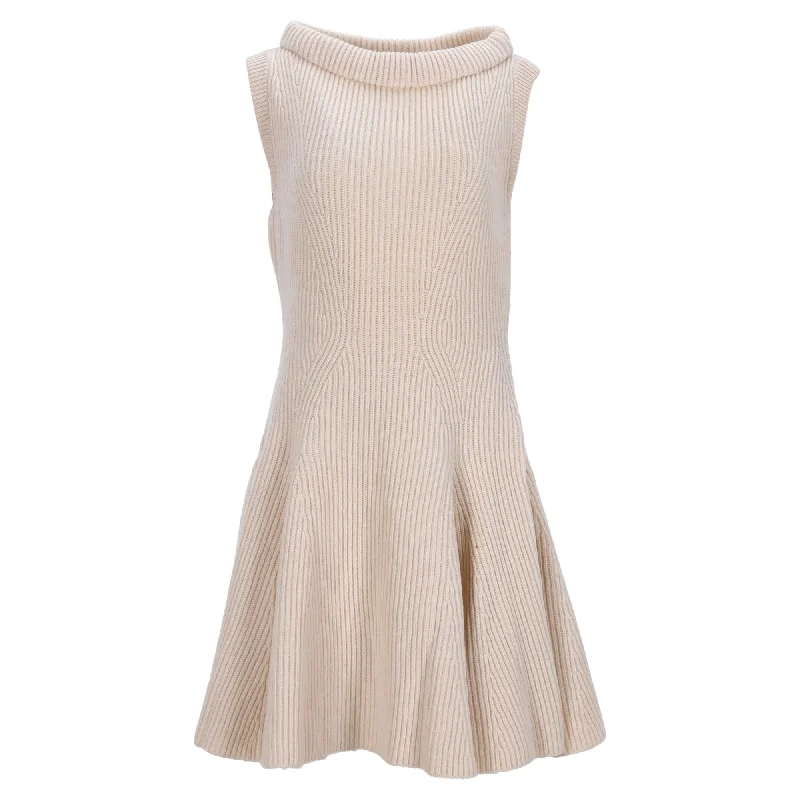 Alexander Mcqueen Knitted Mini Sleeveless Dress in Cream Wool