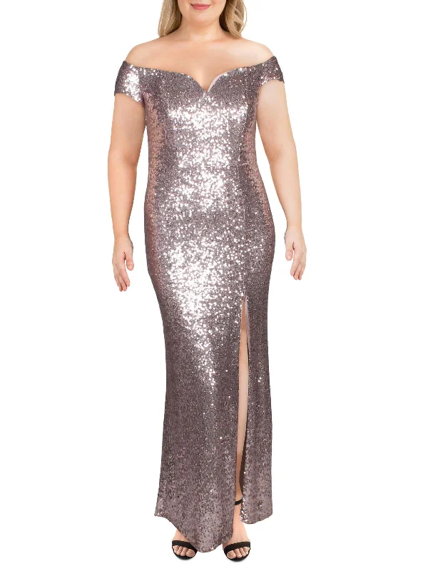 Plus Womens Sequined Off-The-Shoulder Evening Dress