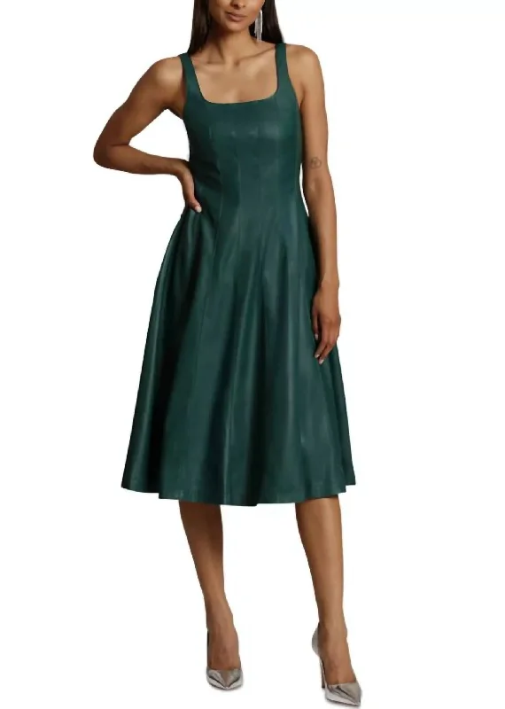 Faux Leather Square Neck Sleeveless Midi Dress In Green