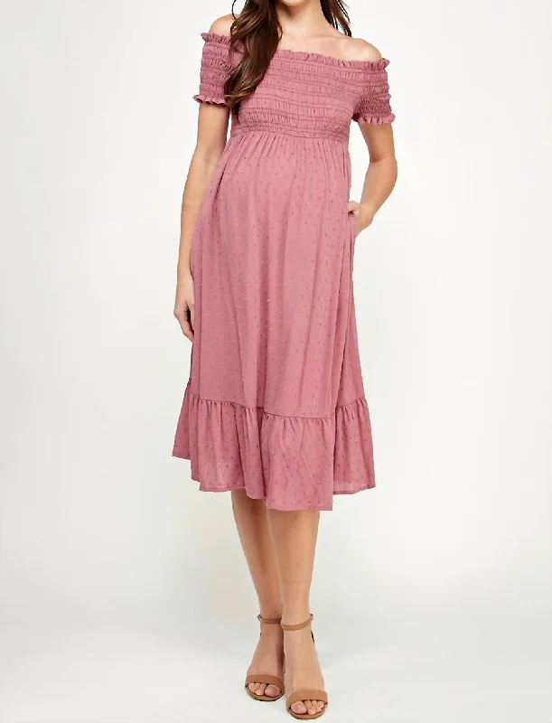 Smocked Off Shoulder Maternity Midi Dress In Mauve