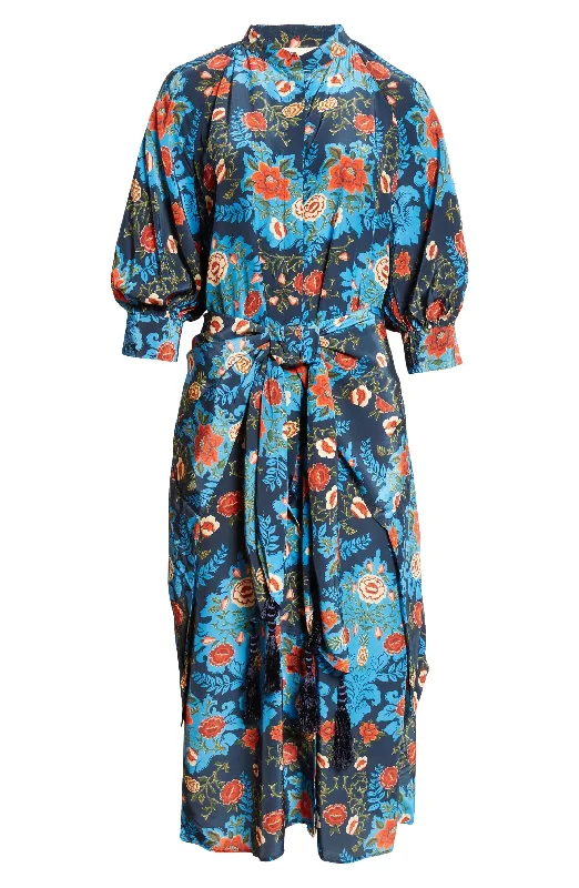 Farm Rio Women's Tie Front Midi Dress, Arabesque Floral Blue