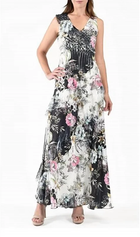 Daisy Vine Floral Print Sleeveless V Neckline Ruffle Long Dress In Multi Floral