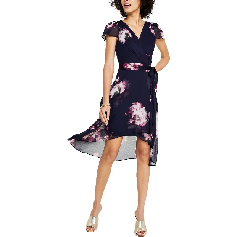 Womens Floral Print Faux Wrap Midi Dress