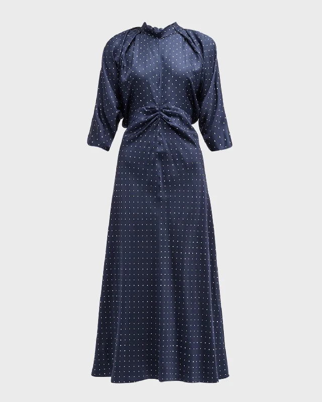 Ruched Dolman-Sleeve Polka Dot Silk Midi Dress