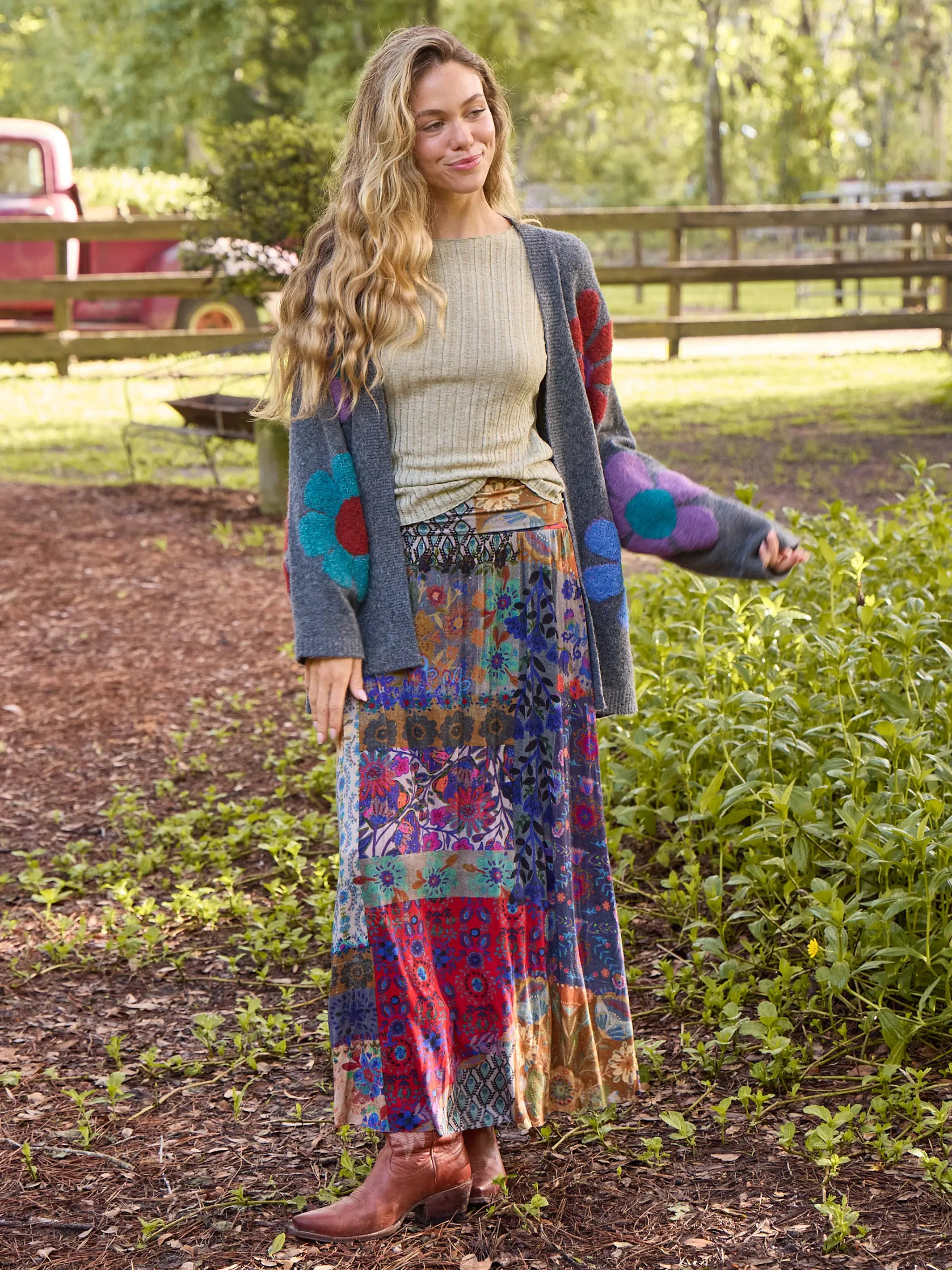 Live-In-It Knit Maxi Skirt - Blue Patchwork