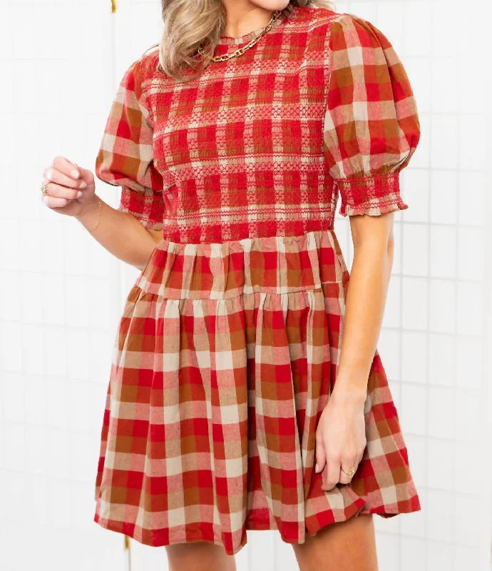 Smocked Plaid Red Mini Dress