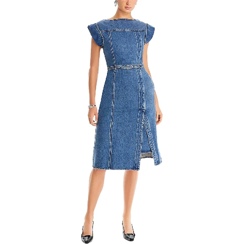 Womens Below Knee Belted Midi Dress