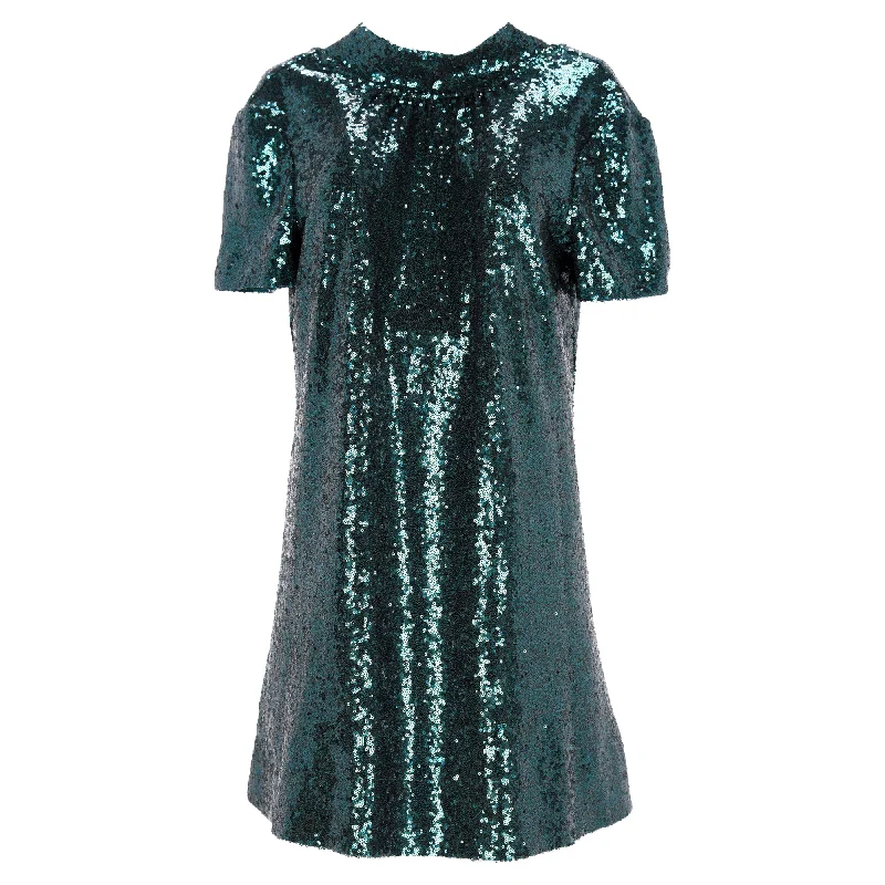 Staud Mock Neck Mini Sequined Dress in Green Nylon