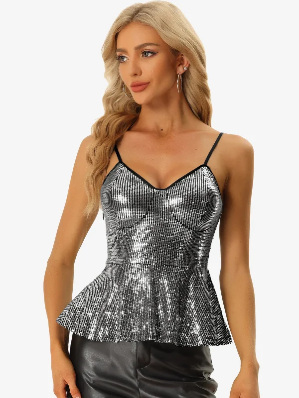 Sequin Cami Spaghetti Strap V Neck Sparkle Ruffles Peplum Top