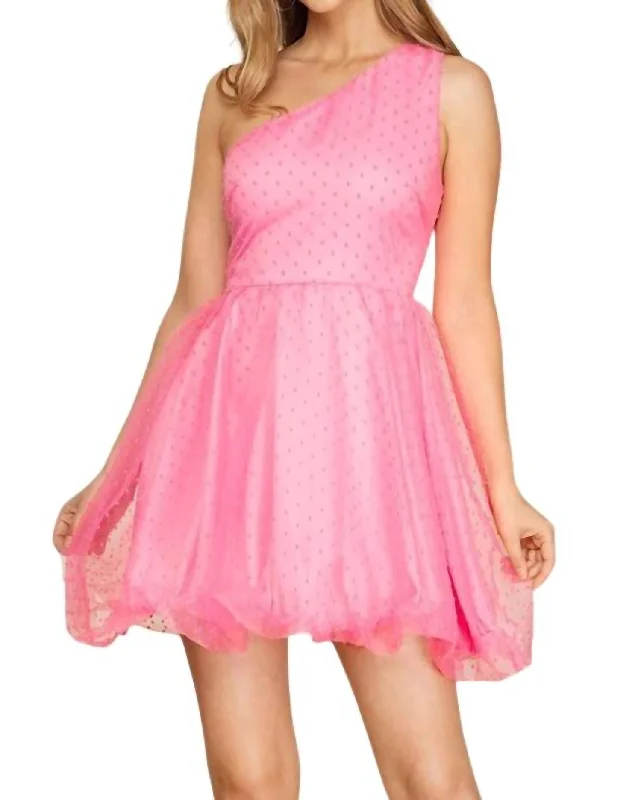 One Shoulder Polka Dot Organza Mini Dress In Pink