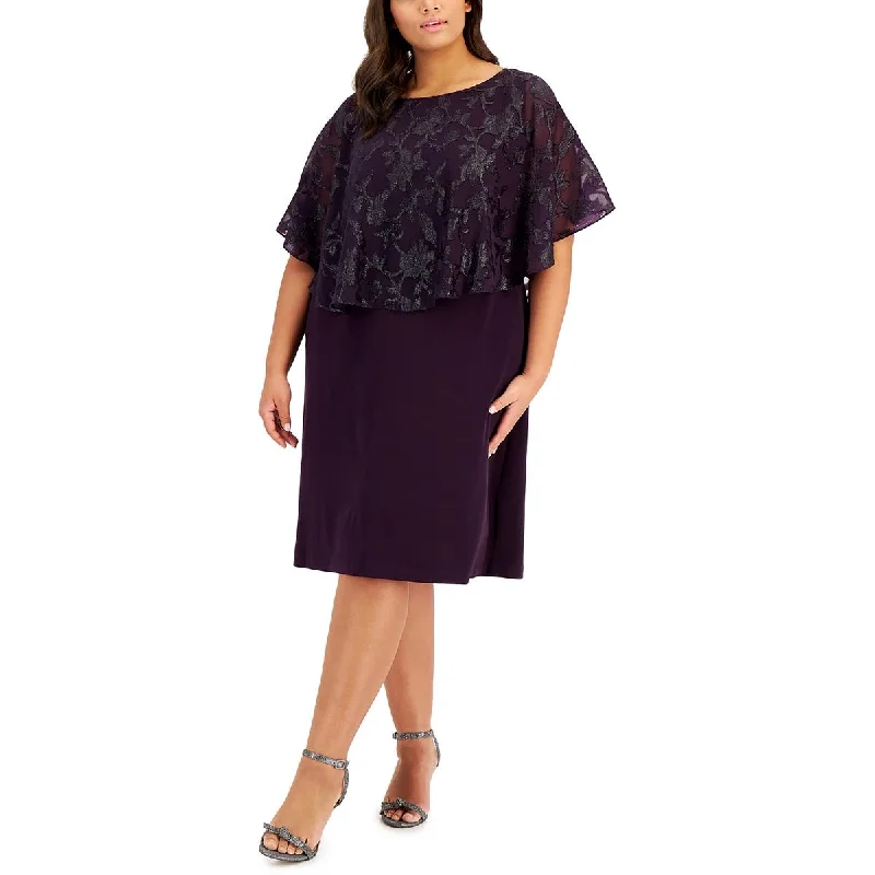 Plus Womens Embroidered Cape-Overlay Cocktail and Party Dress