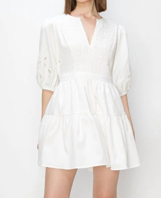 Crochet Trim Puff Sleeve Mini Dress In White