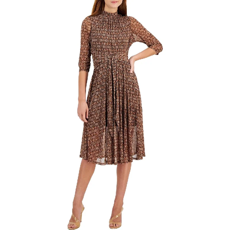 Petites Womens Mock Neck Midi Midi Dress