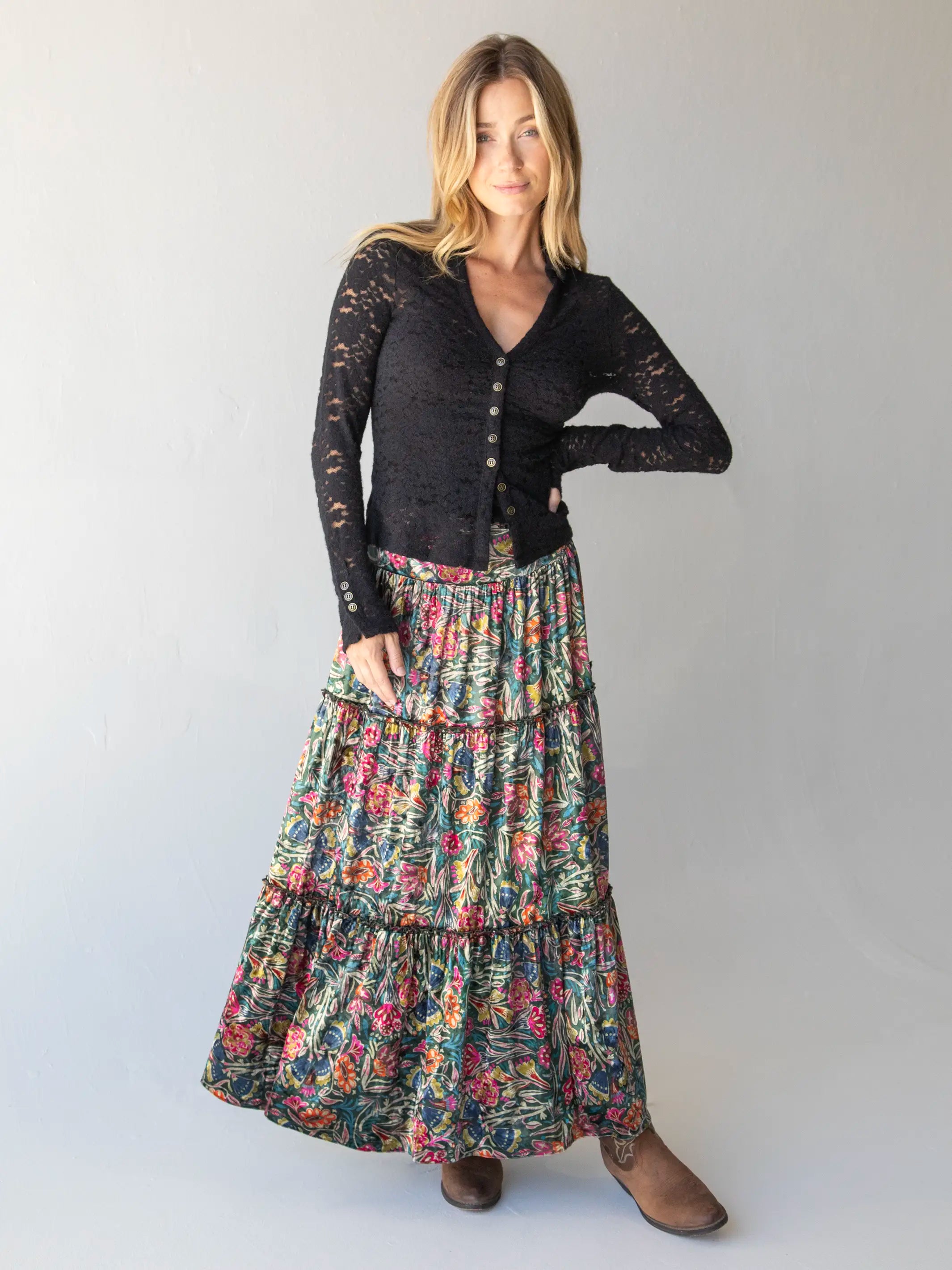 Karlie Tiered Velvet Maxi Skirt - Green Lined Floral