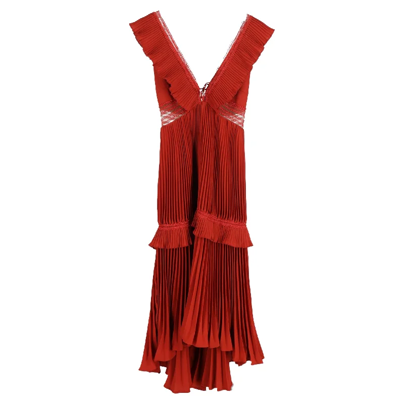 Self-Portrait Pleated Midi V-Neck Frilled Dress in Red Polyester