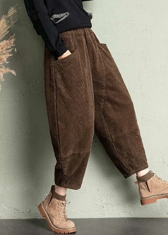 Simple Coffee Pockets Elastic Waist Corduroy Crop Pants Spring