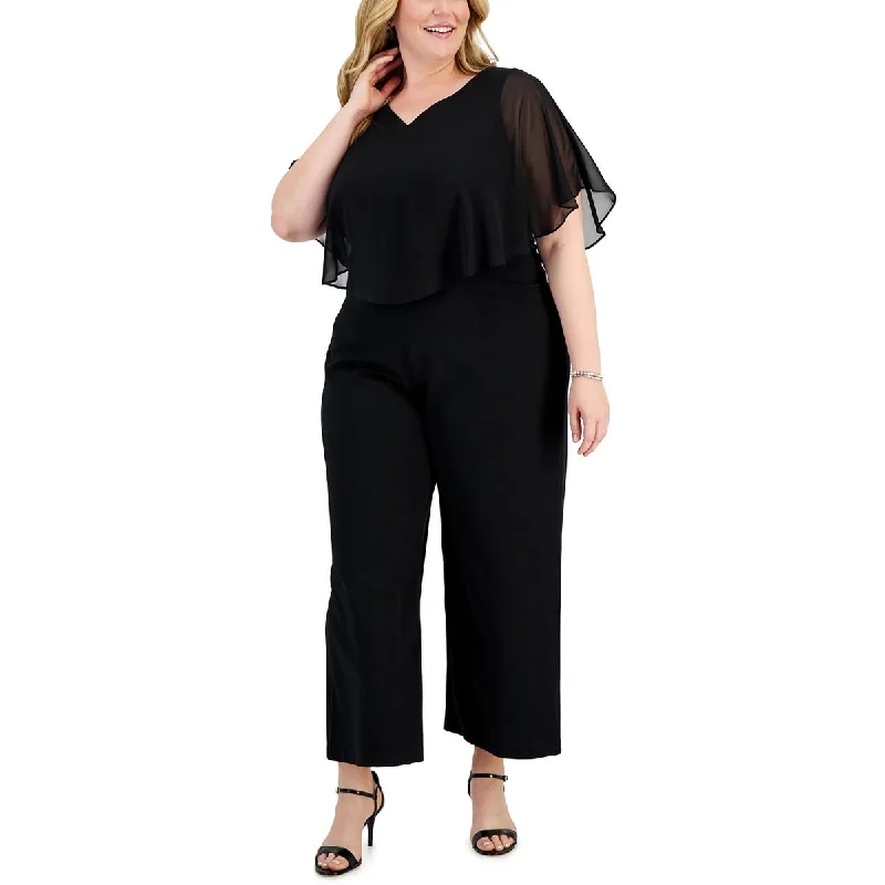 Connected Apparel Womens Plus Overlay Solid Jumpsuit