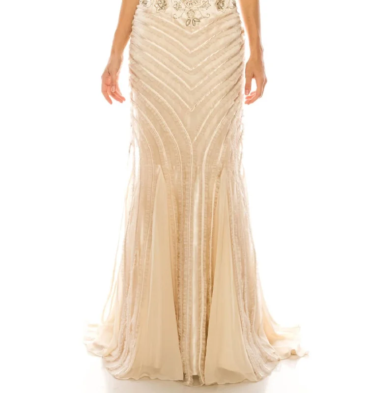 Beaded Mermaid Evening Dress In Champagne