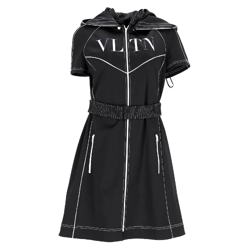 Valentino Garavani VLTN Belted Zipped Mini Dress with Hood in Black Polyester