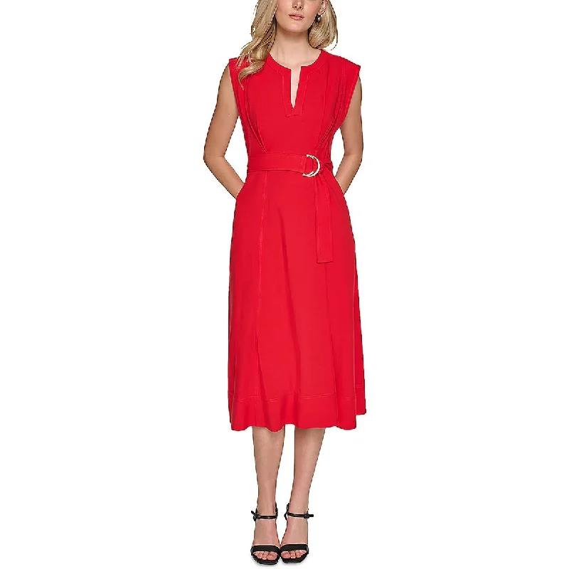 Womens Below Knee Split Neck Midi Dress