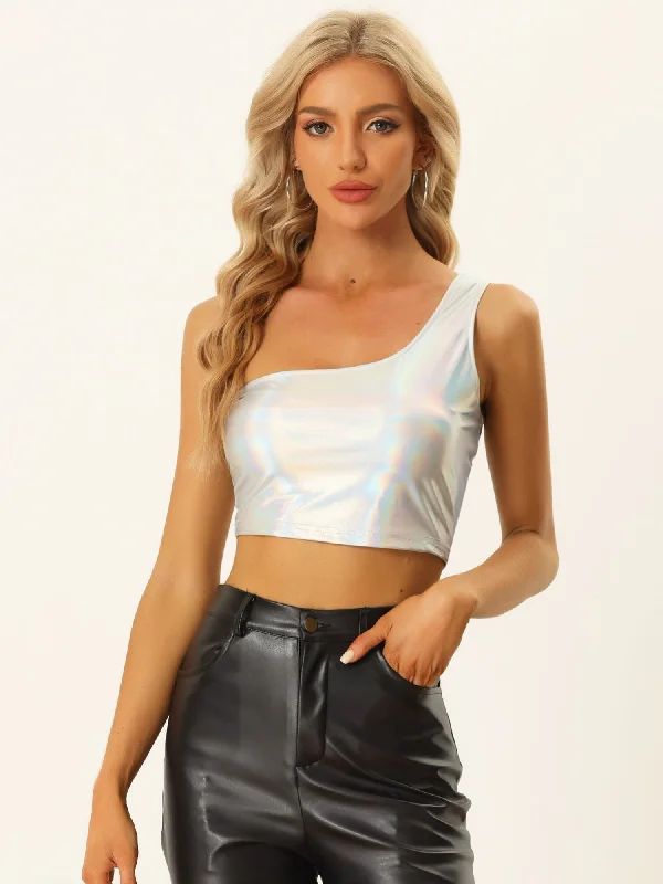 Metallic Cropped Top One Shoulder Party Blouse